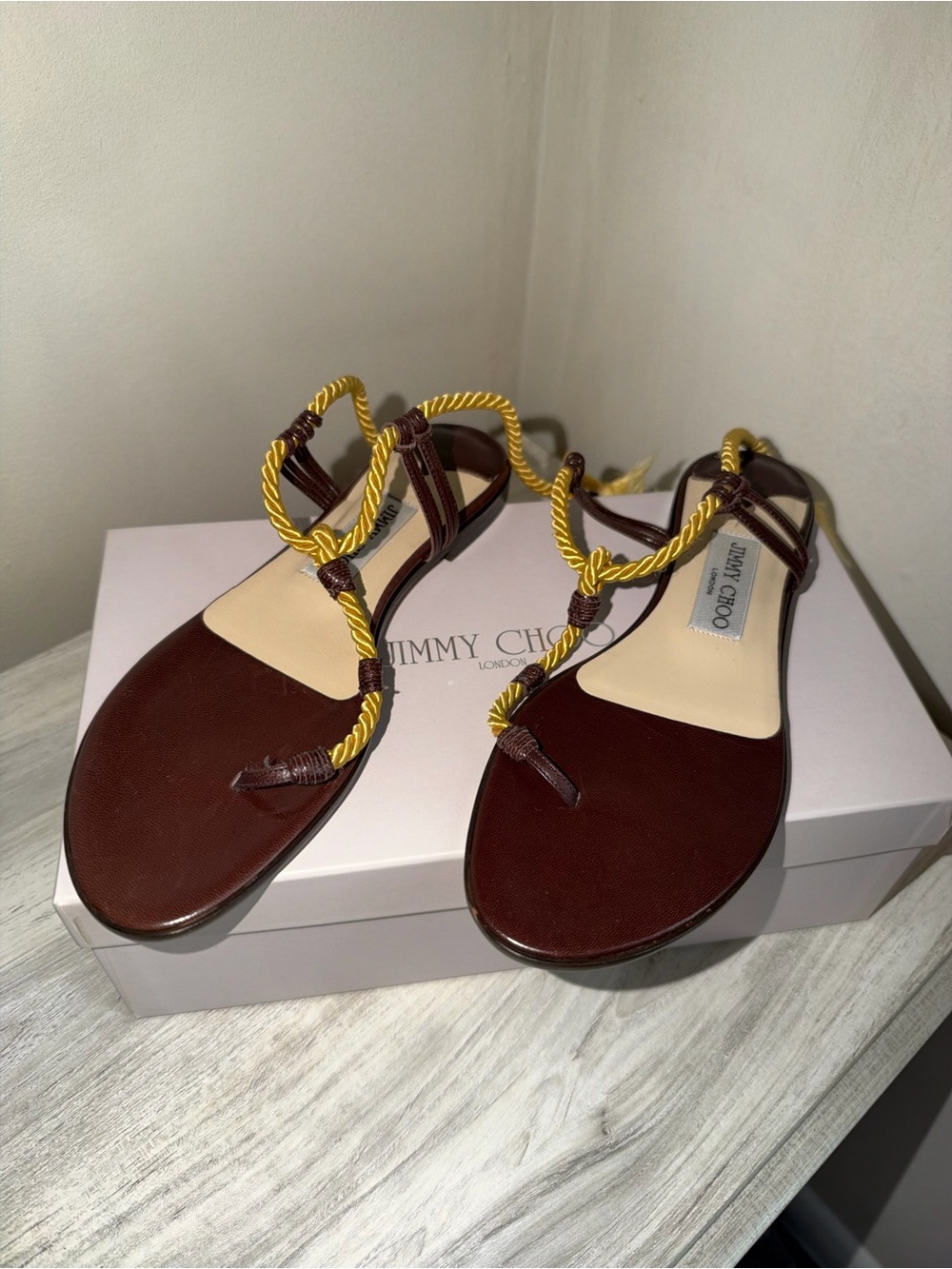 Jimmy Choo Brown Leather Sandals with Yellow Rope T-Strap